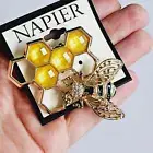 Napier SIGNED Bumble Bee Honeycomb Honey Brooch Pin Rhinestone Gold Tone NEW