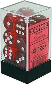 Chessex 27029 D6 Dice Translucent 16mm Red/White (12 Dice in Display) Dice