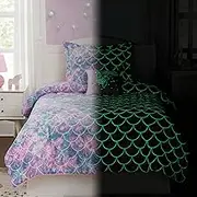 Kaleido Space KALEIDOSPACE Pink Comforter Twin for Kids, Glow in The Dark Mermaid Bedding Sets with Decor Pillow, 3 Pieces Girls Bed Set
