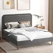 Oikiture Double Size Bed Frame with Bed Head Fabric Bed Platfrom Grey