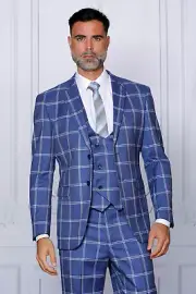 NWT 56L INDIGO BLUE, PLAID MENS SUIT, TAILOR FIT, 2 SIDE VENT, FLAT FRONT PANTS,