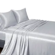 Light Gray Double Queen King Silk Satin Sheet Set Flat Fitted Sheet And Pillowcase