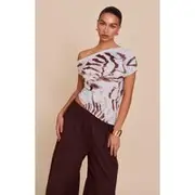 Pale Blue Abstract Shell Printed Chiffon Asymmetric Drape Long Top, Pale Blue