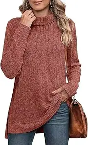 [Placitiume] Women's Oversized Turtleneck Tunic Tops Long Sleeve Fall Sweaters with Side Split High-Low Hemline, Orange, S