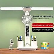 180 Rotatable Double Head LED Desk Lamp Multifunction Table Light with Calendar Fan Pen Holder Thermometer USB Night Light for Offices Reading