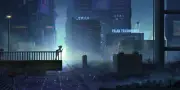 Anime cyberpunk smoking city fence stairs lights Playmat Gaming Mat Desk