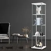 Stacked Display Cabinet 4mm Tempered Glass Door Unit 164cm Tall with 4-Tier Open Compartments, Freestanding Showcase for Bedroom, Office, Living Room, Floor Standing Design (White)
