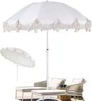 THBSHZMZR 7FT Fringe Poolside Umbrella Boho Patio/Beach Umbrella Outdoor Tassel Umbrella 16 Ribs White Romantic Umbrella Tilt Pole Windproof UV50+