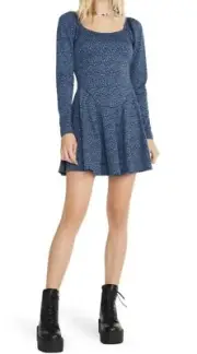 Betsey Johnson Label Size M Babydoll Dress 80s Retro CHEETAH Print Leopard Blue