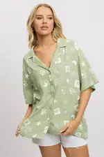 Green Abstract Relaxed Shirt Short Sleeve - Size 16, Women's Shirt