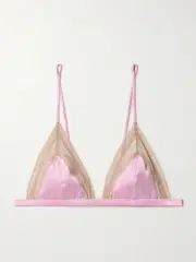 [Kiki de Montparnasse] Kiki de Montparnasse - Lace-trimmed Silk-blend Satin Soft-cup Triangle Bra - Pink - large large Pink
