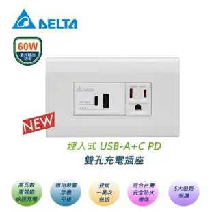 【台達電子】60W埋入式USB雙孔充電插座(埋入式USB-A+C PD)