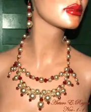 Arturo E.Reyna Glass PEARLS RED CZECH GLASS Bib/Necklace Earring Set