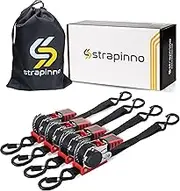Strapinno Retractable Ratchet Straps 1 in x 10 ft, Secure Tie-Downs with Rubber-Coated Steel Handles, for Motorcycle, Jetski, Kayak, Breaking Strength 1,500LBS/680KG (Black Strap, White Zinc Coated)