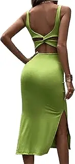[SHINsuke] Women Summer Slip Cami Midi Prom Dress Sexy Tie Backless Bodycon Slim Side Split Strap Long Pencil Sheath Dress Party