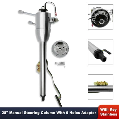 28" Tilt Manual Steering Column Floor Shift with Ignition Key &Adapter Stainless