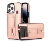 Hidden Card Slot Case for iPhone 14 Pro, with Leather Loop Strap - Rose Gold