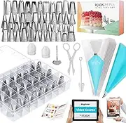 74PCs Icing Piping Bags and Tips Set-Cookie,Cupcake Icing Tips Cake Decorating Kit Baking Supplies -48 Numbered Cake Frosting Piping Tips with Reusable& Disposable Pastry Bags with Pattern Chart&Ebook