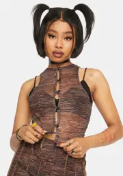 [Dolls Kill] Summer Rays Brown Mesh Miko Crop Top