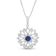 4.0mm Blue Sapphire and 0.2 CT. T.W. Natural Diamond Antique Vintage-Style Flower Pendant in 14K White Gold