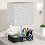Dimmable Table Lamp for Bedroom, Touch Control Bedside Lamp with USB C+A Ports & Phone Stand, Compact Nightstand Lamp with LED Bulb - for Living Room, Dorm, Kids Room
