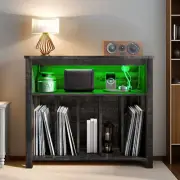 Record Player Album Storage Turntable Stand Display w/ LED Lights & Power Outlet