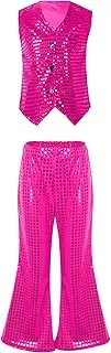 [Aislor] Boys Girls Sequin Christmas Dance Costume Hip Hop Jazz Choir Modern Jacket Vest Waistcoat with Flared Trousers