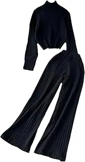 [Generic] Women's Knit Two Pieces Suits Half High Collar Full Sleeve Pullovers Wide Legs Pants Tracksuits Holiday Lounge Sets