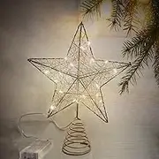 Gold Christmas Tree Topper Star, 20 cm Christmas Tree Wire Star, Tree Topper Decoration with 20 LED Lights, Golden 3D Hollow Glitter Star for Xmas Home Shop Bar Indoor Ornament