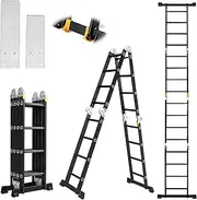 Aluminum Folding Ladder Heavy Duty Step Tall Ladders with 2 Platform Plates 15FT Multi Purpose Folding Scaffold Ladder Extension Work Step Ladder Scaffolding Platform MAX Weight 330LBS