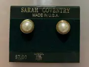 SARAH COVENTRY PIERCED EARRINGS Gold WITH DANGLING FAUX PEARLS ON ORIGNAL CARD