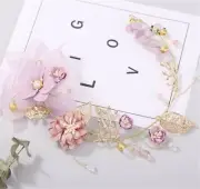 Women Wedding Bride Gold leaf Pink Flower Hair band head piece garland tiara