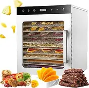 Low Noise Food Dehydrator 800w, 10 Trays Stainless Steel Food Dehydrator with Timer, 30~90℃ Temperature Setting, Fruit Food Dryer Machine Freeze Dried Candy Machine for Jerky Vegetables Meat Herbs
