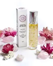 Pure Essential Oil Roller Bottle 10ml with ROSE QUARTZ Crystal Gemstones - infused with 24k Gold Flakes