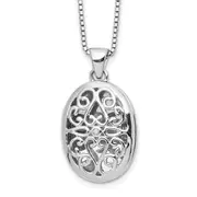 Sterling Silver White Ice Rhodium-Plated 18 Inch Diamond Filigree Oval Locket Necklace With 2 Extender