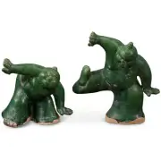 US SELLER - Tang Dynasty Green Glazed Ceramic Jiaodi Wrestlers - Set of 2
