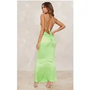 Bright Green Satin Backless Ruched Maxi Dress, Bright Green