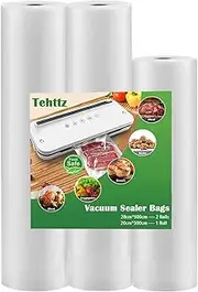 Tehttz 3 Rolls Vacuum Sealer Bags, Vacuum Food Sealer Roll Bags Commercial Grade Food Storage Sealer Rolls BPA Free Vacuum Seal Bags for Meal Prep, Food Storage (28cm x 5m/ 20cm x 5m)