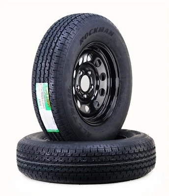 2 ROCKMAN Trailer Tire Rim ST205/75R15 8-Ply D 107M 5 Lug on 5" Black Mod Rim