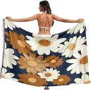 [RPLIFE] White Brown Daisy Flowers Sarongs Wrap Tassel Honeymoon Sarong, Large, White Brown Daisy Flowers, Medium