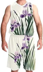 [KQNZT] Basketball Jerseys Shorts Sport Set, Outfit Tank Top Track Shorts, Men's Basketball Jersey, Purple Iris Retro Painting Art