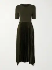 [Joseph] Joseph - Darno Asymmetric Pleated Knitted And Satin-crepe Midi Dress - Dark green - FR 40 FR 40 Green