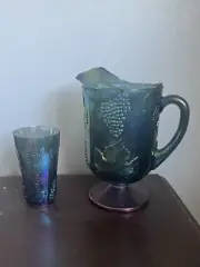 India Colony Harvest Grape Blue Carnival Glass Pitcher With 8 Tumblers