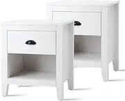 Oikiture Bedside Table Drawer Cabinet — Twin Nightstand Set with Retro Lines for Bedroom or Living Room White