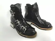 $1680 Alexander McQueen Buckle Black Patent Leather Combat Biker Ankle Boot 35