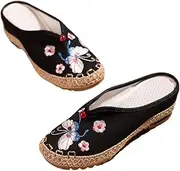 GHAKKE Ethnic Style Traditional Embroidery Slippers Women Summer Fashion Flats Shoes Casual Comfort Round Toe Mule Shoes Chinese Style Old Beijing Cloth Shoes(Black,5.5)