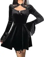 [TSMNZMU] Goth Lolita Black Empire-Waist Pleated Chic Dress Mesh Long Sleeve Cami Dresses