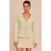 Petite Soft Olive Collarless Hook And Eye Cinched Waist Long Top, Soft Olive