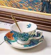 Fine Bone China Coffee Mugs & Tea Cups Set with Spoon – Artistic Van Gogh Series,Perfect Commemorative Gift (Irises)