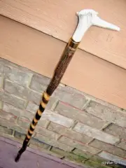 Fallow Deer Crown antler handle SPIRAL HICKORY CANE walking-stick~useful gift